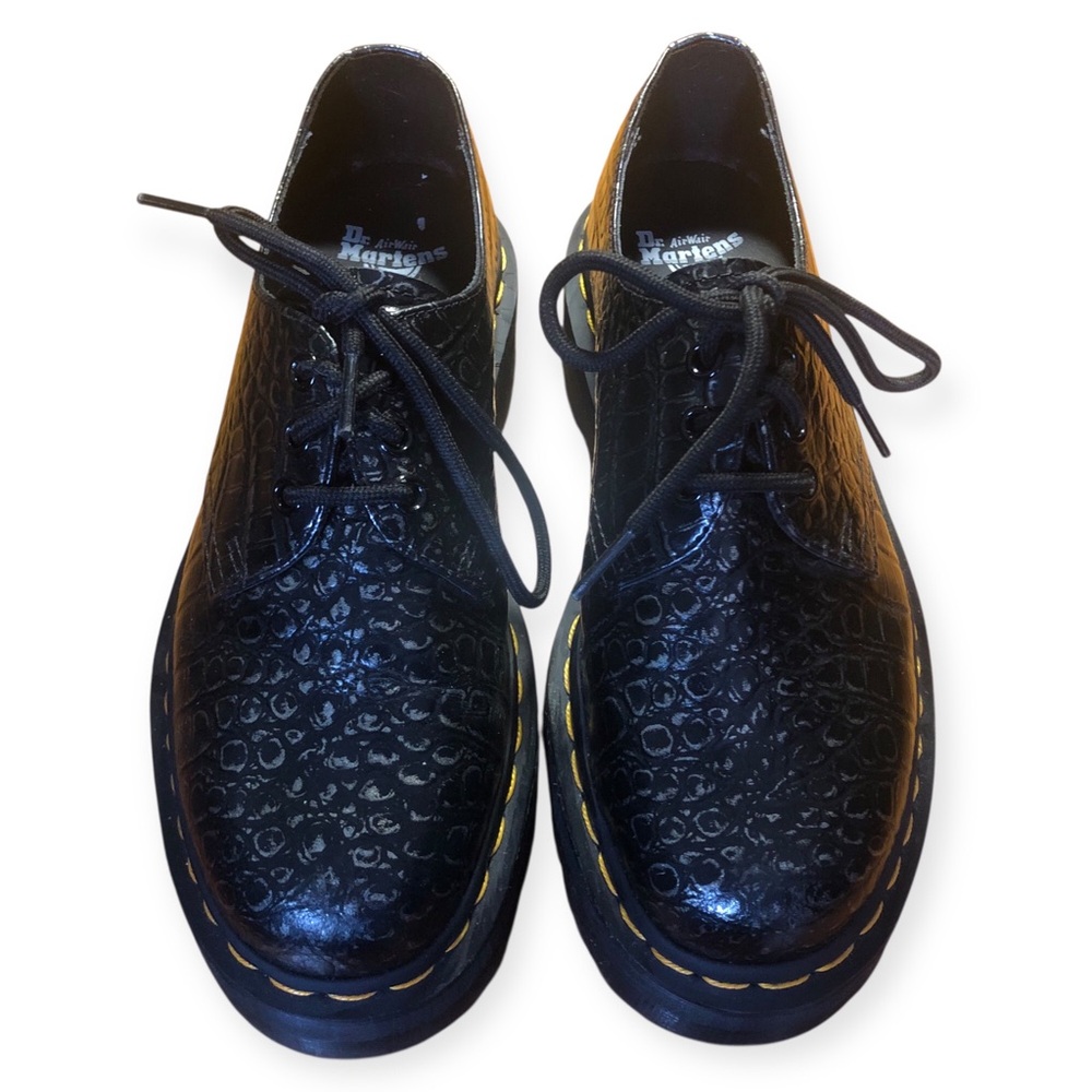 DR MARTENS 1461 quad croc emboss leather platform shoe in gunmetal - Picture 2 of 14